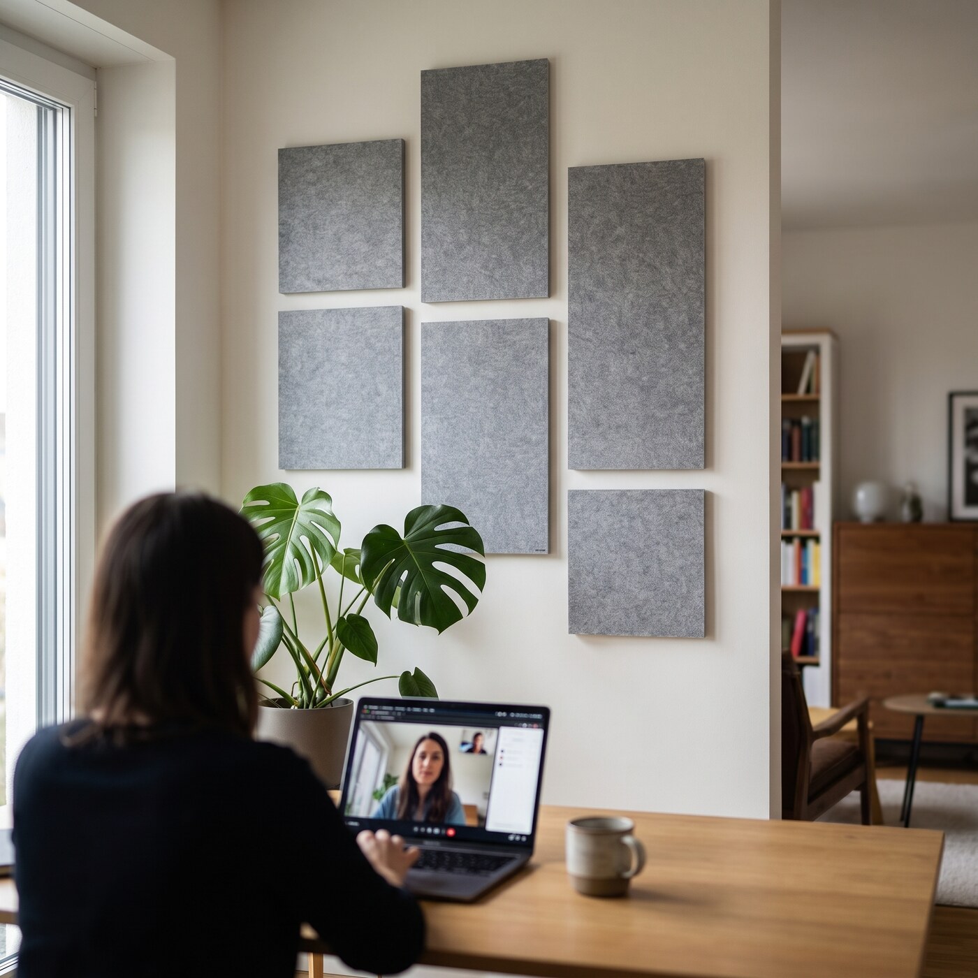PET-Akustikpaneele an der Wand im Homeoffice