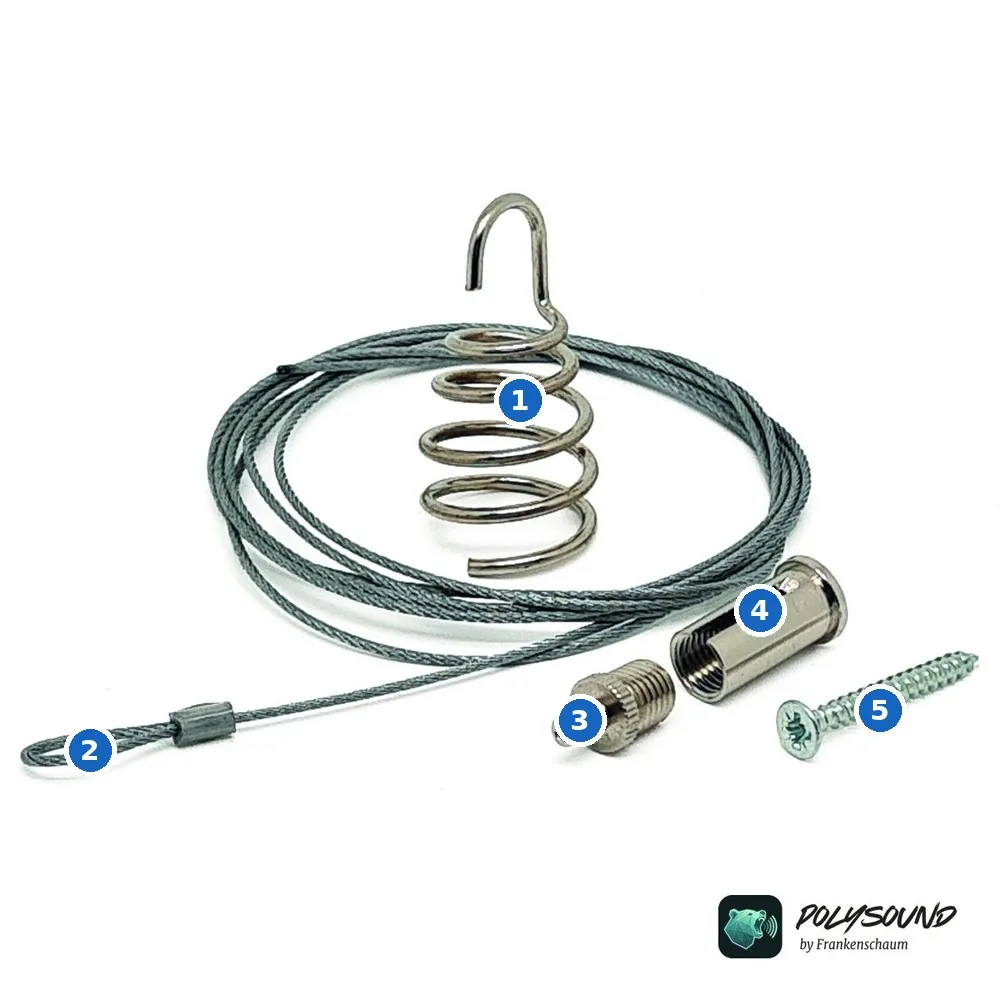 Edelstahl-Abhängung: Spiralanker, Stahlseil, Seilspanner, Deckenhalter, Schraube