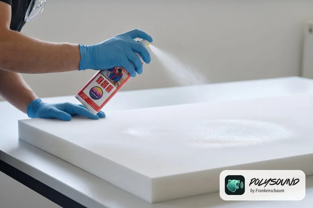 Rückseite einer Platte aus Schaumstoff aus Basotect® mit PolySound Sprühkleber einsprühen