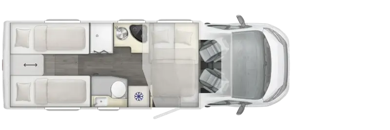 LMC Tourer Lift T 730 G, Baujahr 2025: Draufsicht mit der Lage der Betten