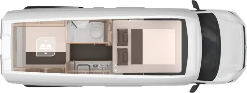 Draufsicht Knaus BoxDrive 600 XL – Lage der Betten im Fahrzeug
