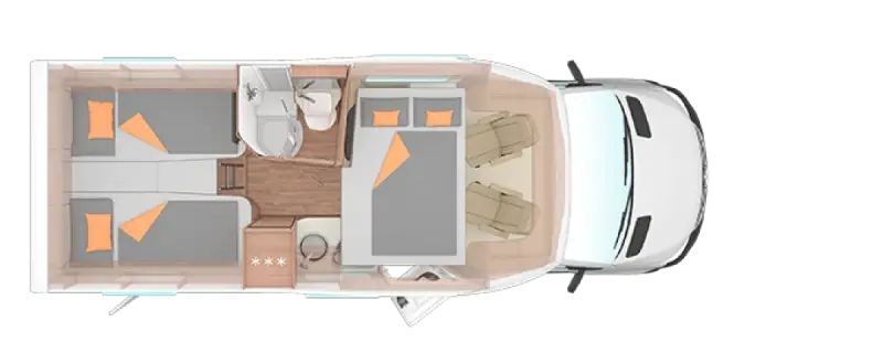 Draufsicht Weinsberg CaraCompact Suite MB 640 MEG Pepper – Lage der Betten im Fahrzeug