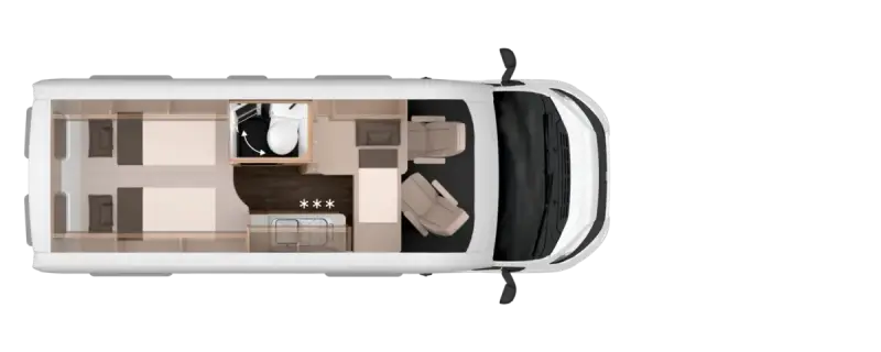 Draufsicht Knaus BoxStar 600 ME Platinum Selection (Raumbad) – Lage der Betten im Fahrzeug