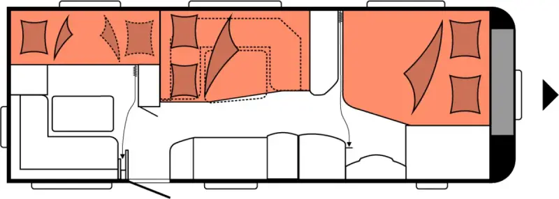 Draufsicht Hobby De Luxe 650 KMFE – Lage der Betten im Fahrzeug