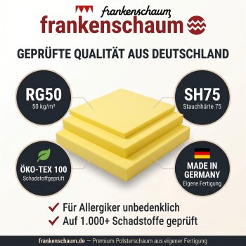 Schaumstoff Platte für extrem haltbare Stuhl & Bankpolster - Qualität: RG: 50kg/m³ - SH: 75 (7,5kPa) - Abmessungen ca. 206 x 130cm