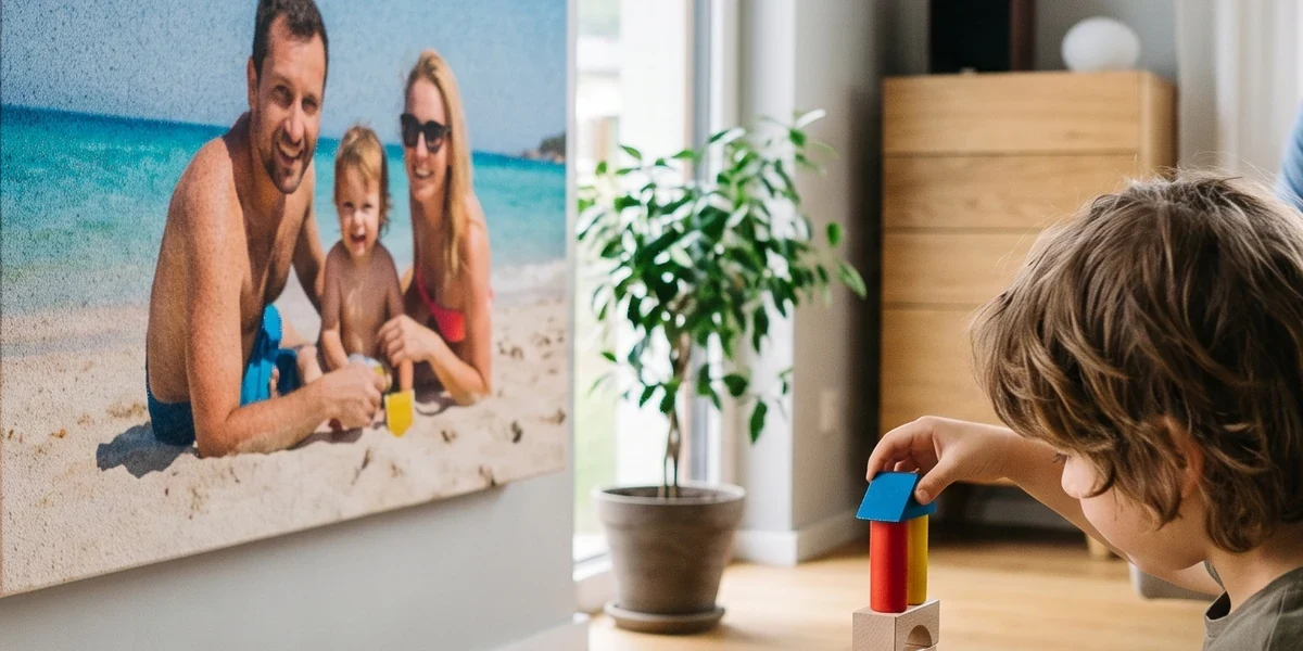 Kinderzimmer mit buntem Akustikbild an der Wand, spielendes Kind im Vordergrund