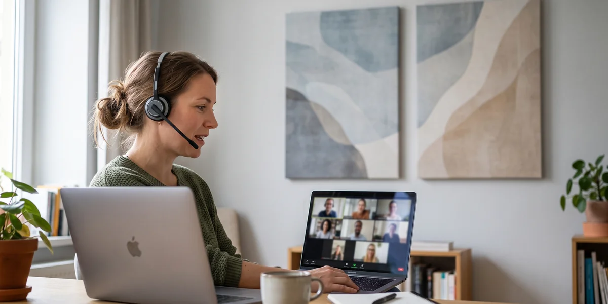 Person während eines Videocalls mit Akustikbild im Hintergrund
