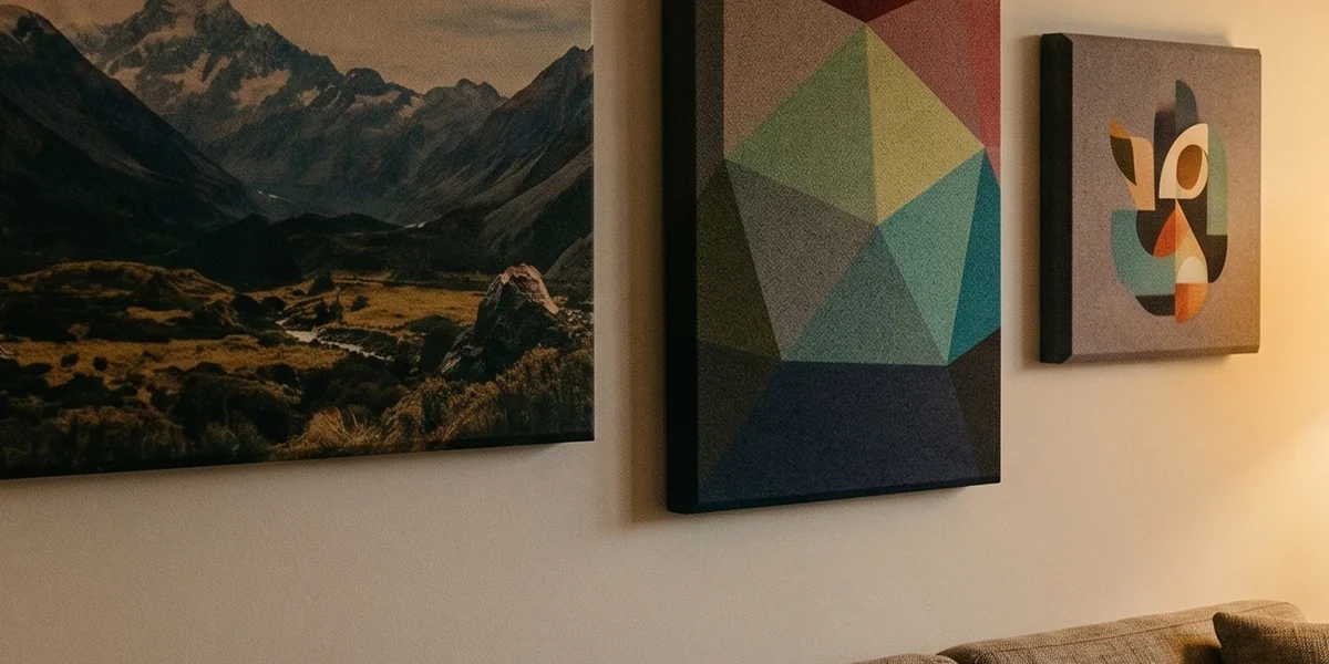 Gemütliches Wohnzimmer mit Akustikbild über dem Sofa, natürliches Licht