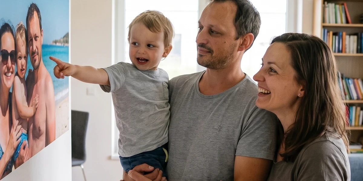 Nahaufnahme eines Akustikbildes mit persönlichem Familienfoto an der Wand