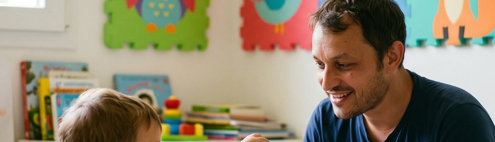 Helles Kinderzimmer mit buntem Akustikbild an der Wand, Kind spielt auf dem Boden