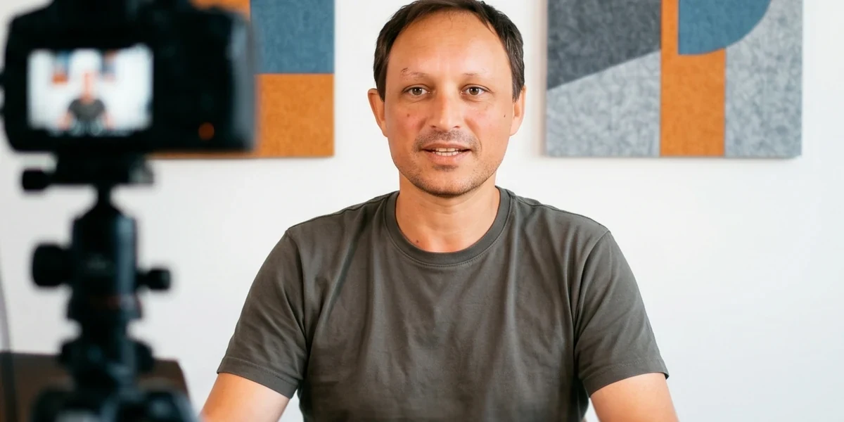 Streaming-Setup mit bedrucktem Akustikbild als professioneller Kamerahintergrund
