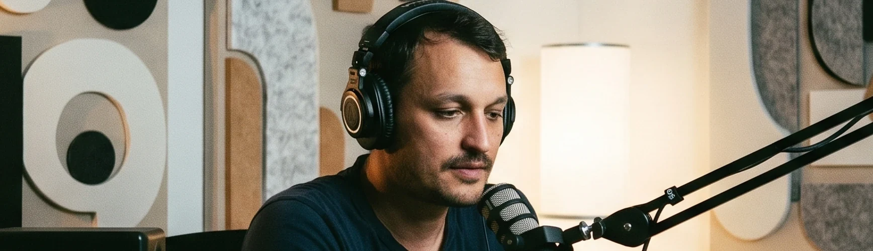 Podcast-Studio mit Akustikbild an der Wand hinter dem Mikrofon – professioneller Video-Hintergrund