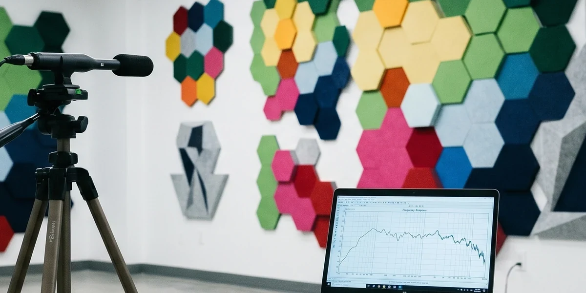 Home-Office-Arbeitsplatz mit Akustikbild an der Wand hinter dem Schreibtisch