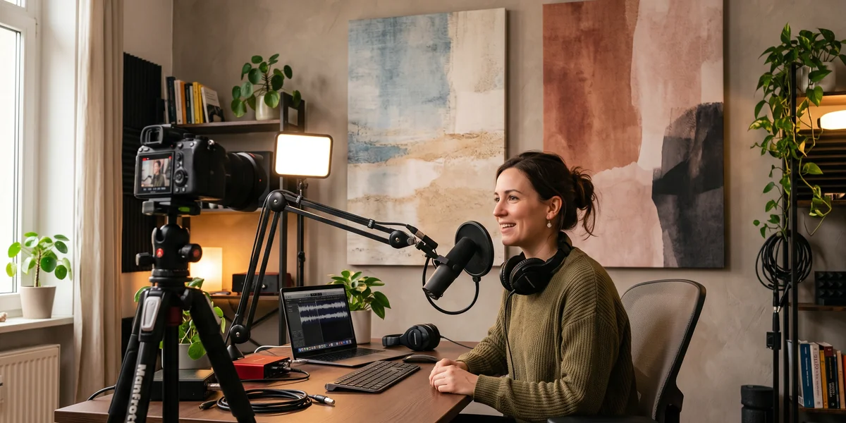 Podcast-Setup mit Mikrofon und Akustikbild als Studio-Hintergrund