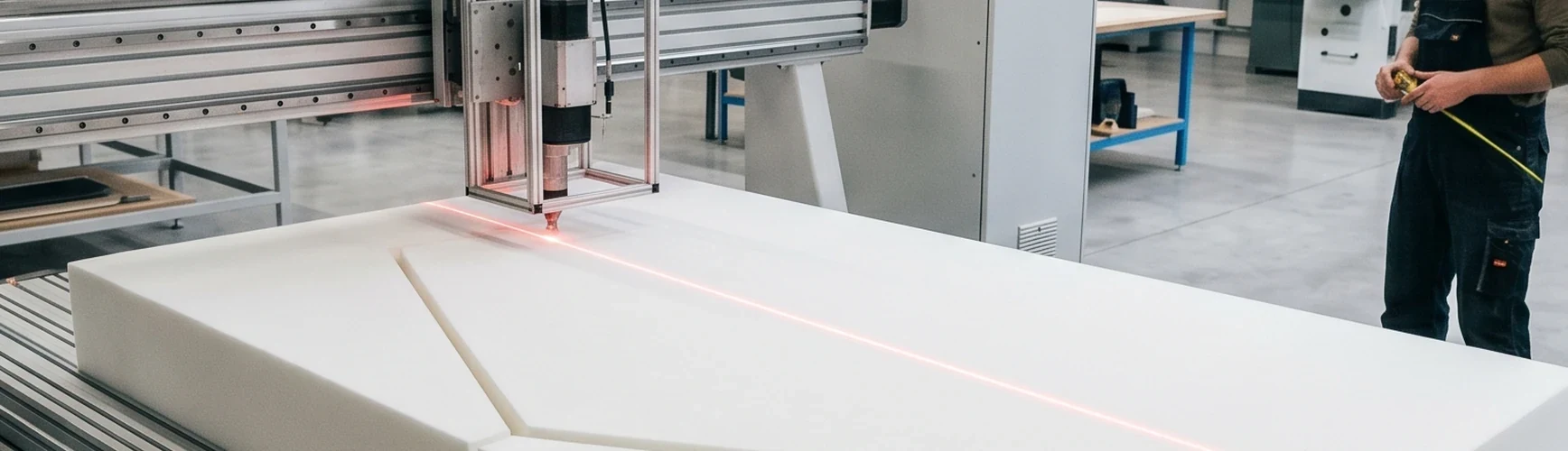 CNC-Schneidmaschine bei Frankenschaum schneidet eine Matratze in Sonderform zu