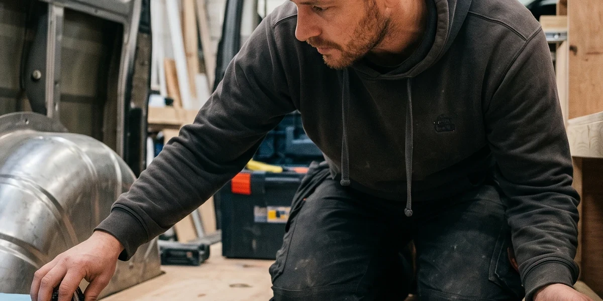 Person misst eine Schaumstoff-Matratze im VW Bus Innenraum ein