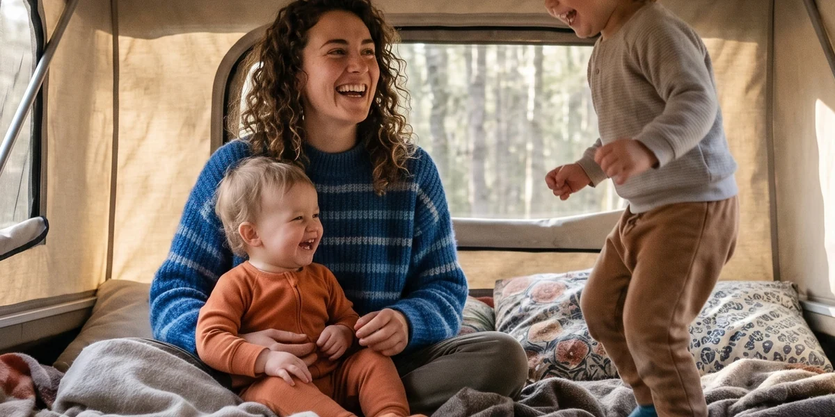 Kinder spielen im Aufstelldach eines Campingbus mit neuer Matratze