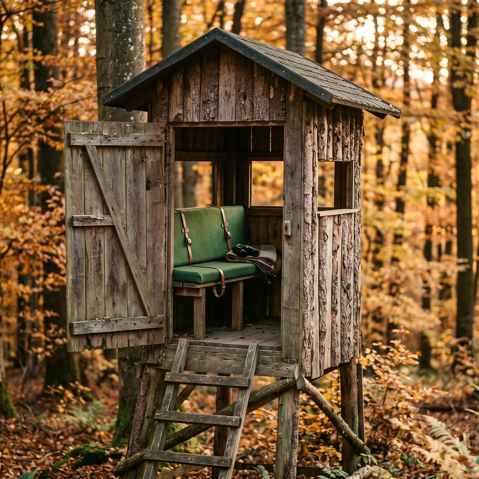 Hochsitzkanzel mit Loden-Sitzpolster und passender Rückenlehne im Buchenwald