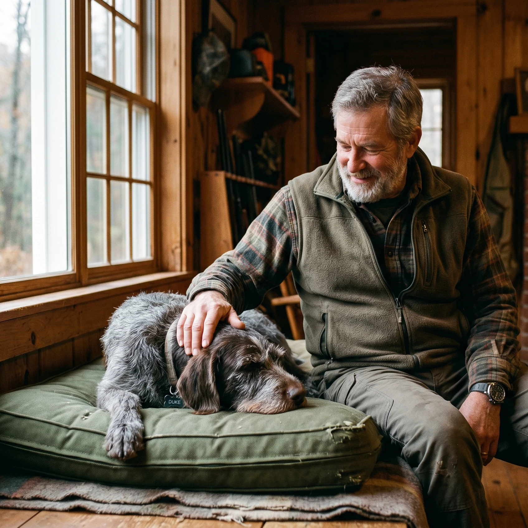 DD-Führer mit Hund auf Cordura-Kissen im Reviergebäude
