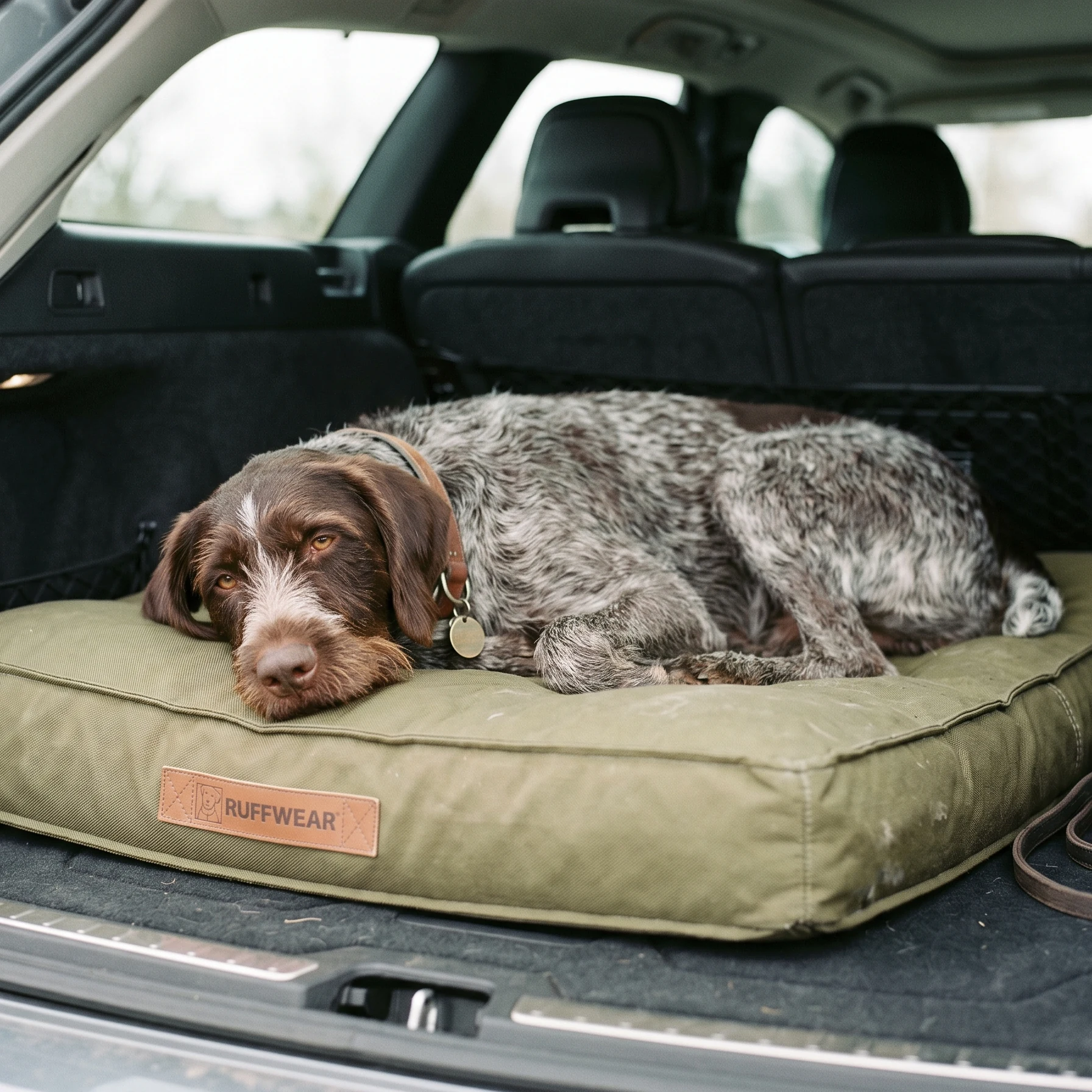 Deutsch-Drahthaar liegt zufrieden auf orthopädischem Hundekissen im Jagdwagen