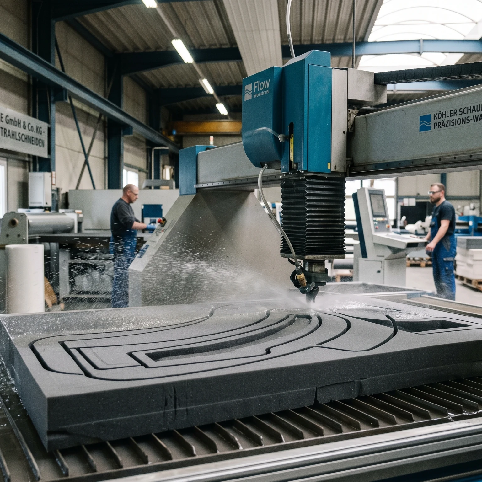 Wasserstrahlmaschine schneidet hochpräzise Schaumstoff-Konturen in der Frankenschaum-Manufaktur