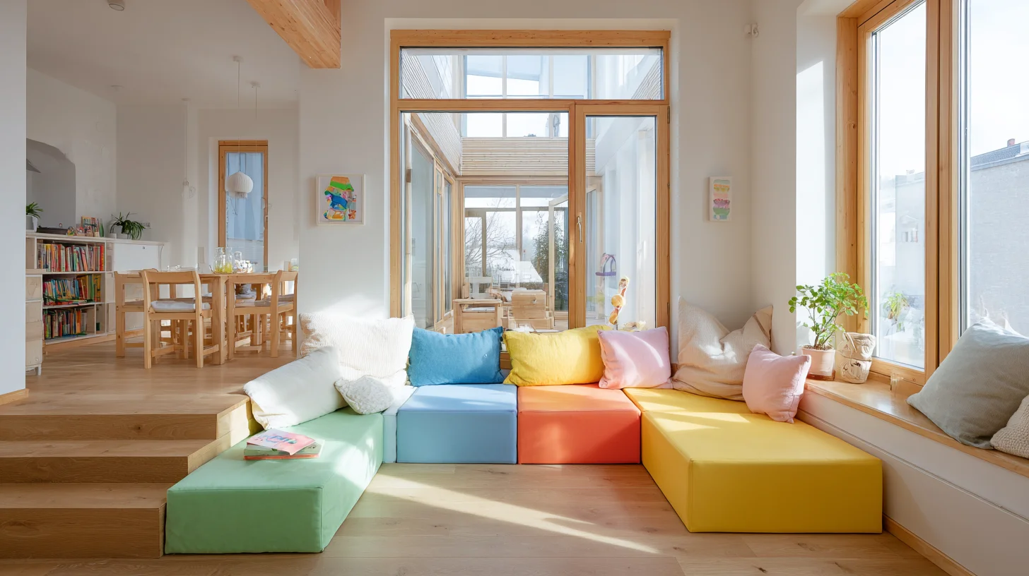 Kinder spielen mit großen Schaumstoff-Bausteinen im Wohnzimmer