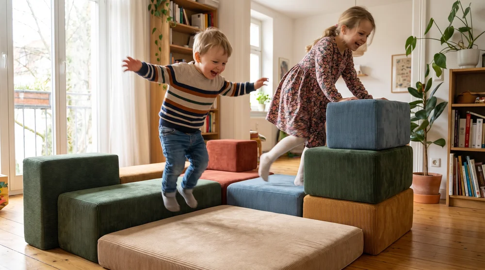 Kinder toben und springen über Schaumstoff-Bausteine