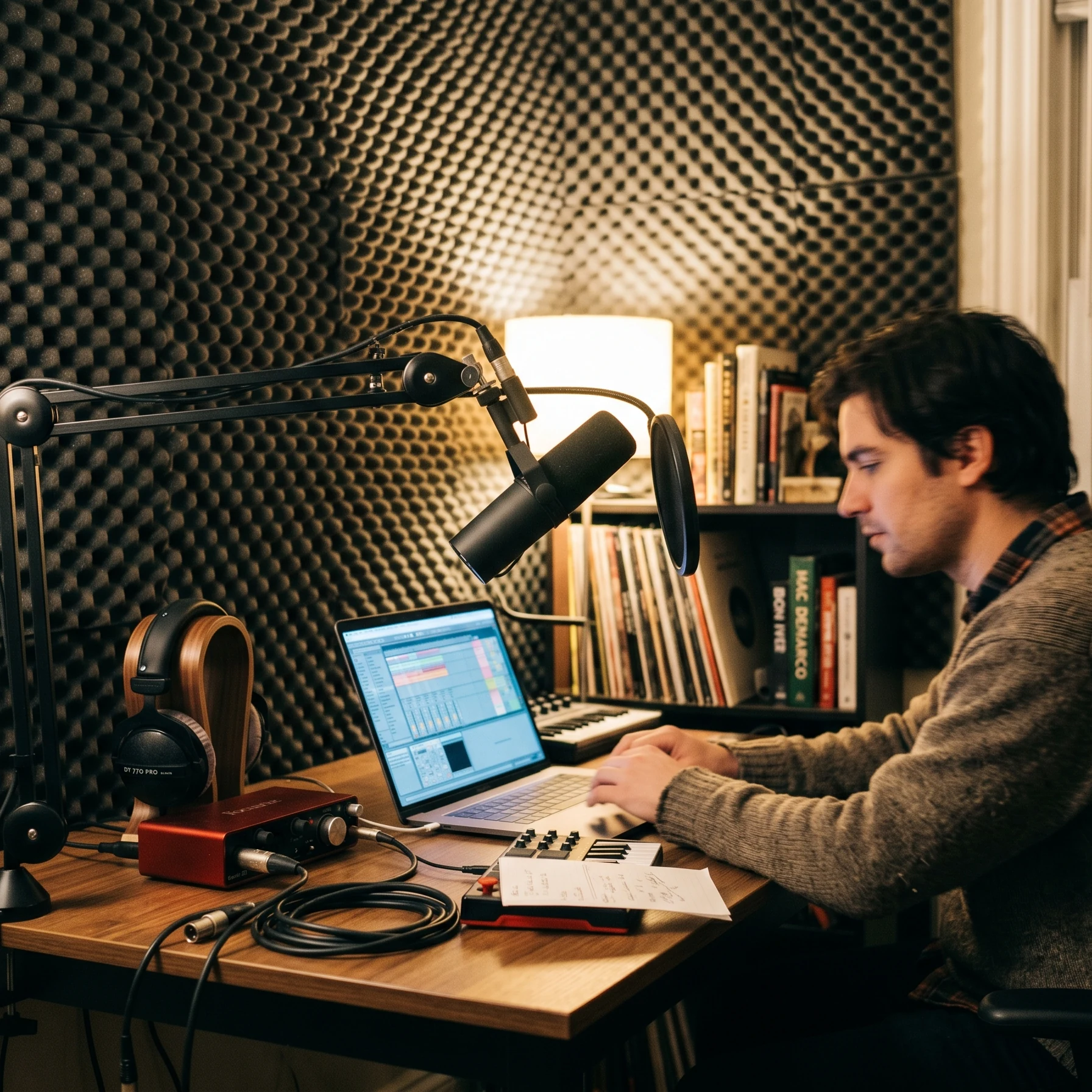 Musiker im Proberaum mit Noppenschaum an den Wänden
