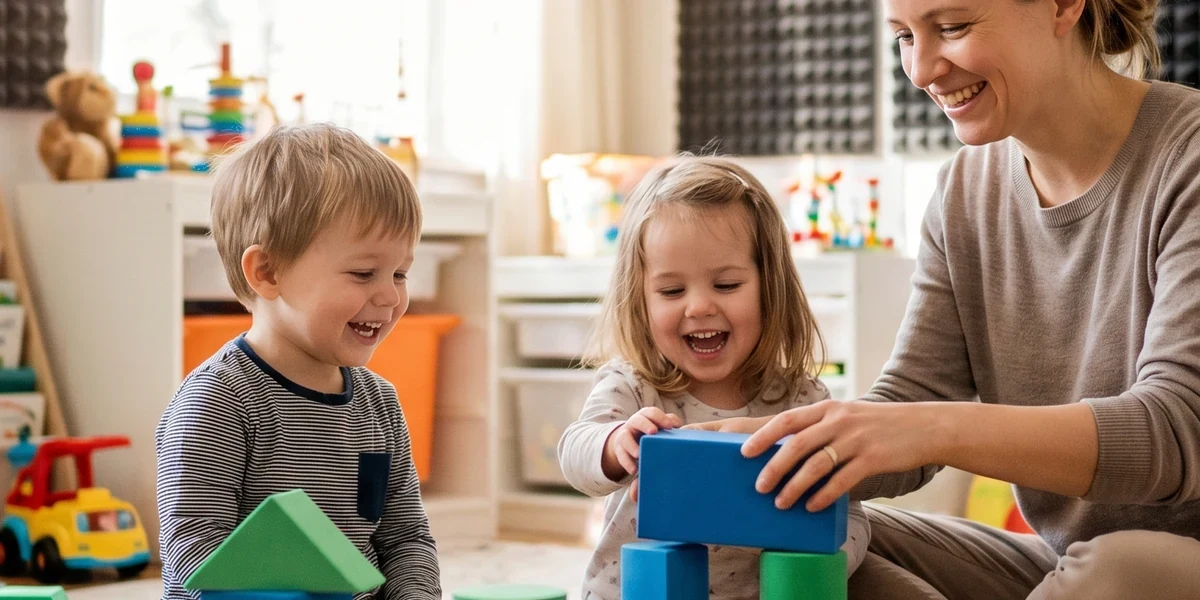 Kinder spielen in einem akustisch behandelten Spielzimmer