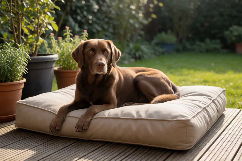Hund auf einem Outdoor-Hundekissen