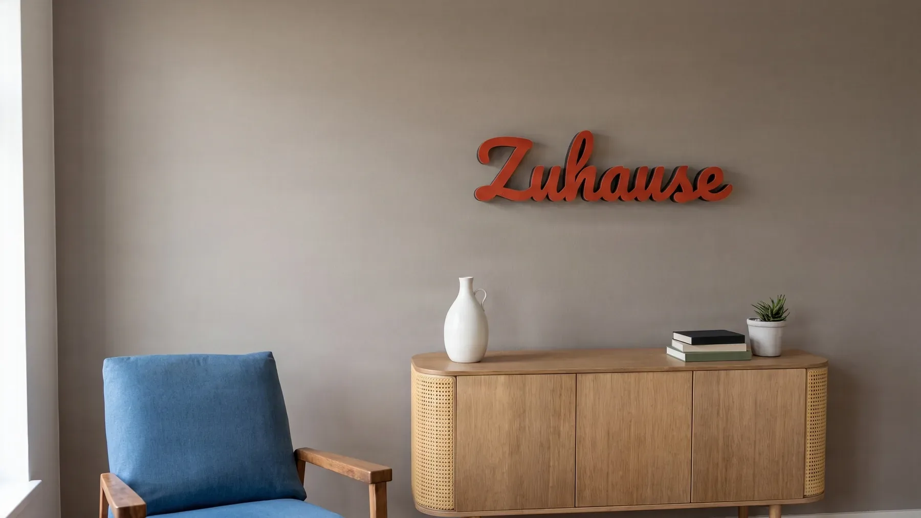 Akustik-Schriftzug „Zuhause“ aus Schaumstoff mit Wollfilz in Terrakotta über einem Sideboard im Wohnzimmer