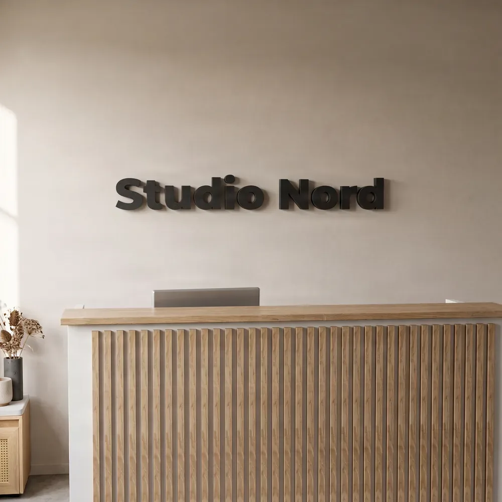 Firmenlogo an der Wand am Empfang: Schriftzug „Studio Nord“ aus schwarzem Akustikschaum über dem Empfangstresen