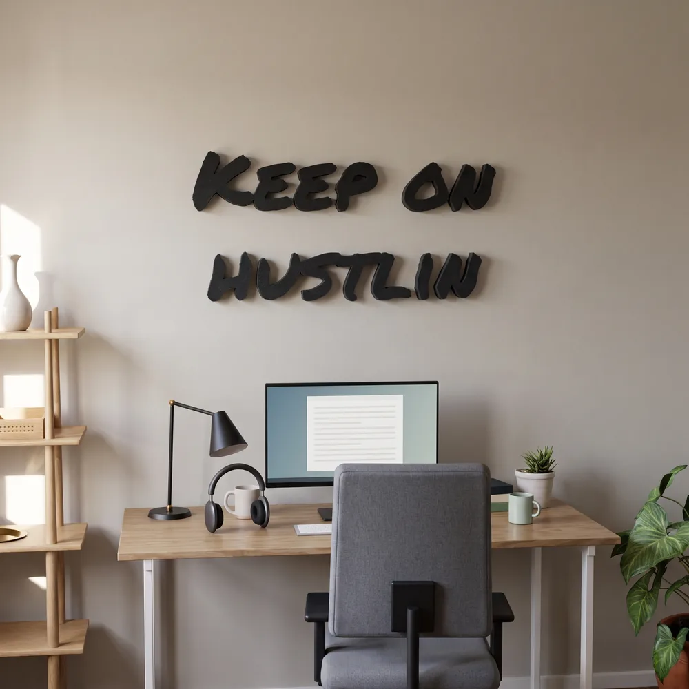Schriftzug „Keep on hustlin“ aus schwarzem Akustikschaumstoff über dem Schreibtisch im Homeoffice