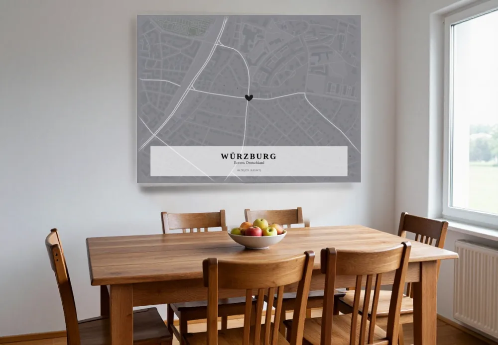 Stadtplan als Akustikbild in 120 × 80 cm an der Wand hinter einem Esstisch aus Eiche
