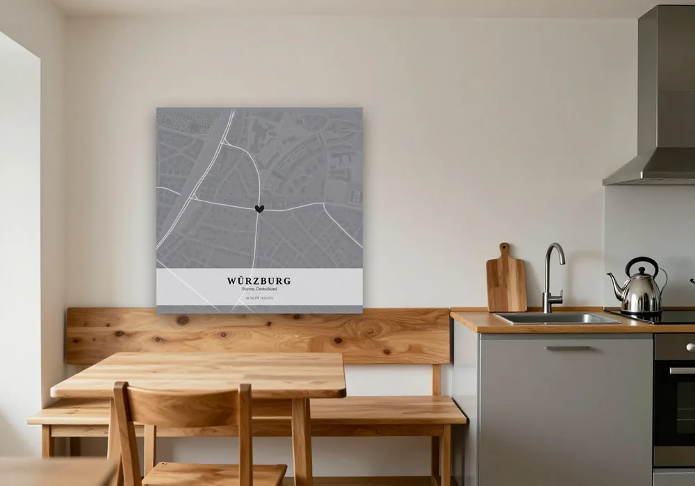 Quadratischer Stadtplan als Akustikbild über einer Sitzbank in der Küche