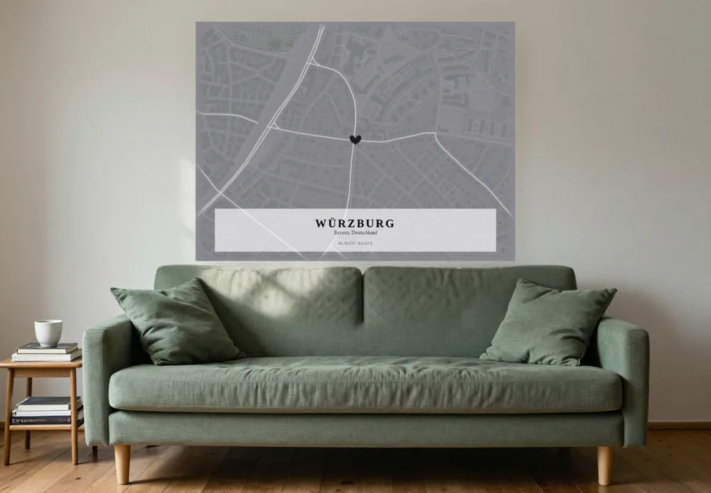 Stadtplan als Akustikbild in 80 × 60 cm über einem grünen Sofa im Wohnzimmer
