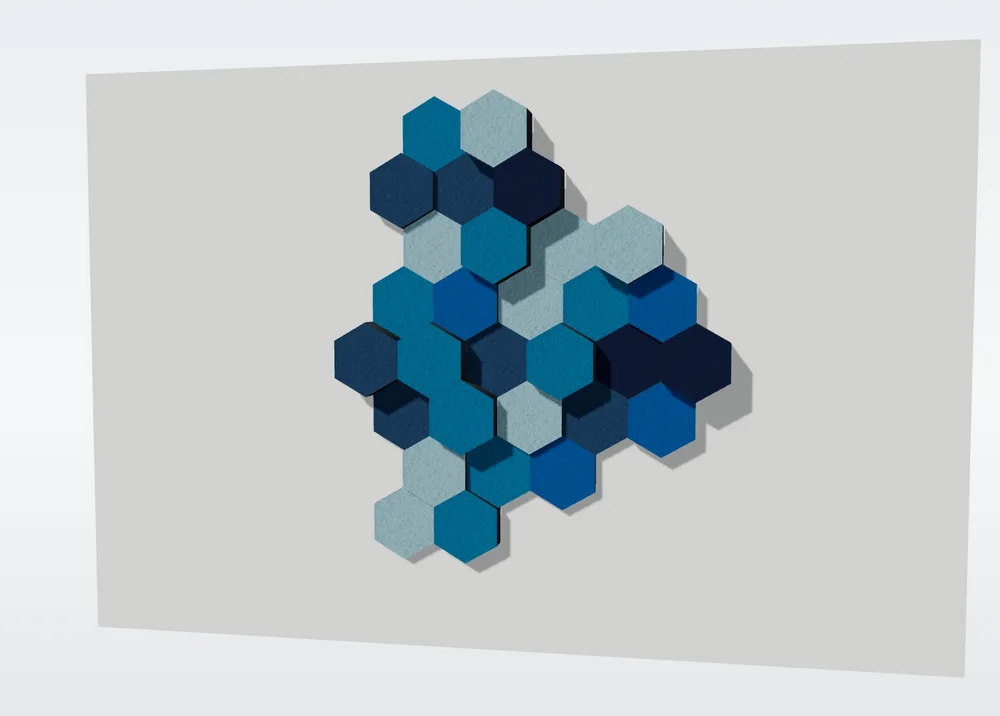 3D-Ansicht einer Wand aus PolySound ECO Hexagons in drei Stärken